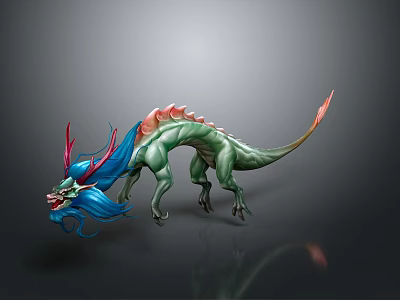 Fantasy Dragon Game Movie Character with Green Body Blue Red Mane Orange Tail 3D Design 3d model