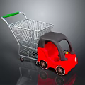 Silver Shopping Cart And Red Children's Toy Car With Green Handle And Black Wheels