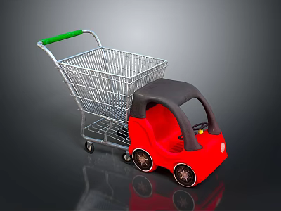 Silver Shopping Cart And Red Children's Toy Car With Green Handle And Black Wheels 3d model