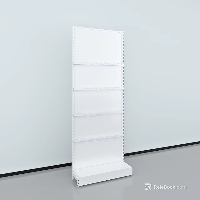 White Standing Display Shelf with Multiple Shelves and Simple Design Against Wall 3d model