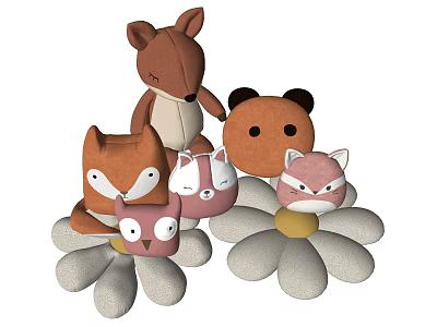 Cute Animal Shaped Stuffed Toys With Flower Shaped Bases For Children 3d model
