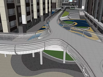 Modern Curved Landscape Bridge In Urban Area With Colored Paving And Green Lawn 3d model