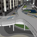 Modern Curved Landscape Bridge In Urban Area With Colored Paving And Green Lawn