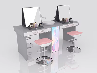 Beauty Space Desk With Double Mirrors Cosmetics Sink And Pink Bar Stools 3d model