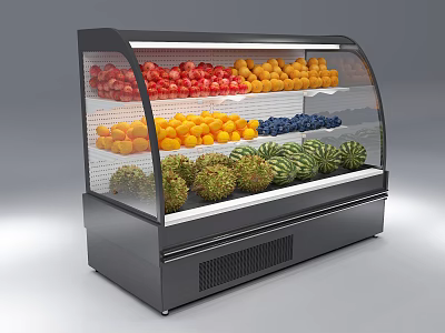 Fruit Display Refrigerator with Fresh Strawberries Oranges Blueberries and Watermelons in Layered Glass Door Design 3d model