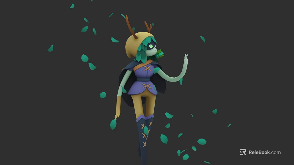 Fantasy Game Character With Antlered Green Hair Purple Outfit And Falling Green Leaves 3d model 
