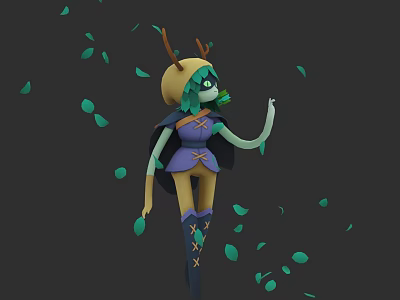 Fantasy Game Character With Antlered Green Hair Purple Outfit And Falling Green Leaves 3d model