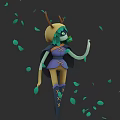 Fantasy Game Character With Antlered Green Hair Purple Outfit And Falling Green Leaves