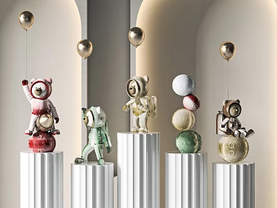 Astronaut Animal Sculptures Display on White Pedestals with Golden Balloons and Planet Decorations 3d model