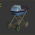 Blue Checkered Baby Stroller with Canopy Four Wheels and Metal Frame Design