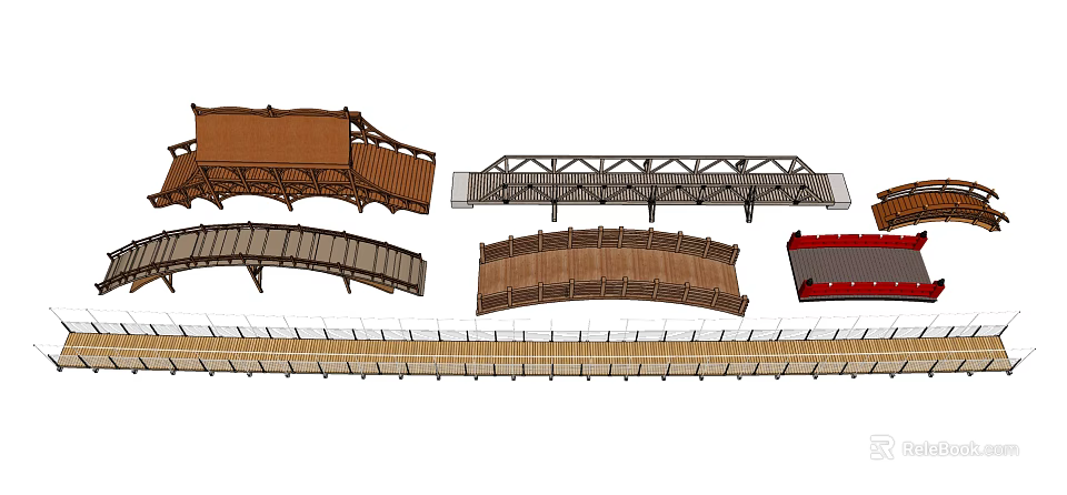 Various Wooden Bridge Designs Featuring Arch Truss Covered and Structural Elements 3d model 