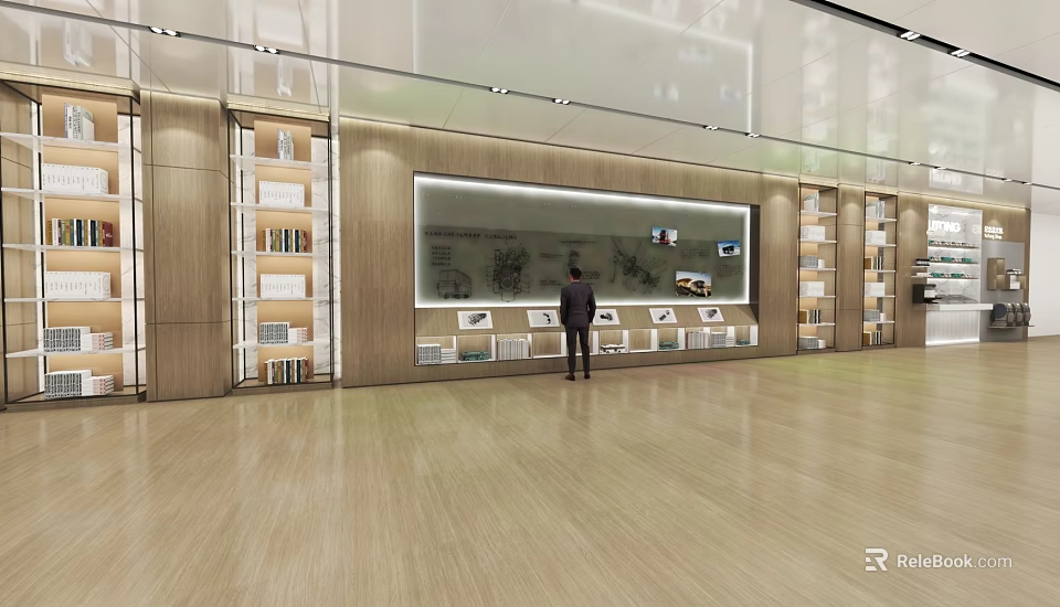 Modern Mall Store With Person Standing In Front Of Large Screen Bookshelves And Wooden Flooring 3d model 