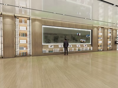 Modern Mall Store With Person Standing In Front Of Large Screen Bookshelves And Wooden Flooring 3d model