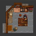 Cartoon Kitchen Scene With Stone Walls Wooden Cabinets Vintage Fridge And Cartoon Characters