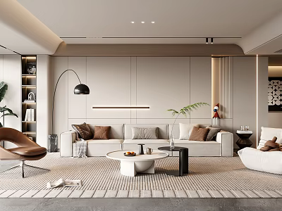 Modern Living Room Interior With Neutral Sofa Coffee Table Floor Lamp And Green Plants 3d model