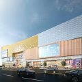 Modern Commercial Complex with Glass Curtain Wall Golden Brown Facade and Large Screen Vehicles Pedestrians