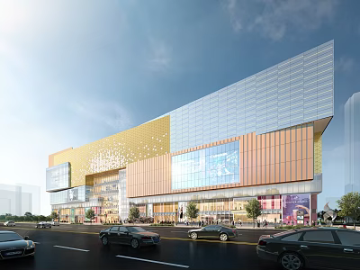 Modern Commercial Complex with Glass Curtain Wall Golden Brown Facade and Large Screen Vehicles Pedestrians 3d model