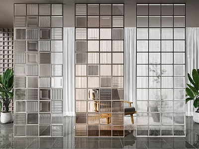 Modern Glass Room Divider With Geometric Patterns In Indoor Space And Green Plants 3d model