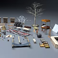 Diverse Public Facilities Elements Including Benches Trash Bins Signboards And Trees 3d model