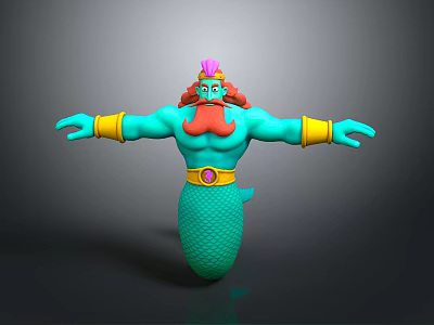 Turquoise Humanoid Mermaid Character With Red Beard Pink Hair Yellow Arm Bands And Fish Tail 3d model