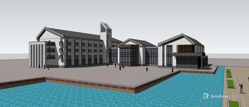 Modern Waterfront Architectural Complex With Open Square People And Glass Facades 3d model