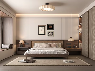 Modern Bedroom Interior Design With Framed Wall Art Table Lamps Ceiling Light And Area Rug 3d model