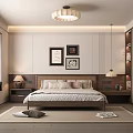 Modern Bedroom Interior Design With Framed Wall Art Table Lamps Ceiling Light And Area Rug