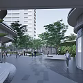 Contemporary Commercial Landscape With Glass Facade Architecture Outdoor Trees Walkway And Pedestrians