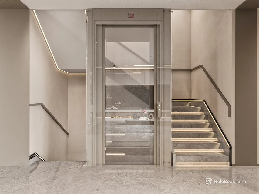 Modern Interior With Glass Elevator And Staircase Featuring Marble Steps And Handrails 3d model