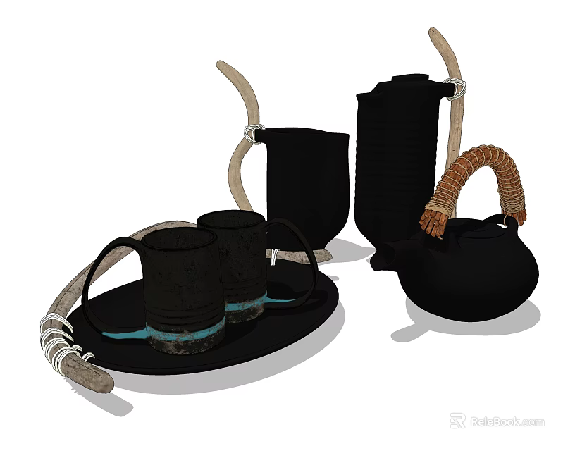 Black Tea Set With Woven Handles Matching Cups And Serving Tray 3d model