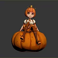 Woman With Orange Hair Sitting On Large Orange Pumpkin In White And Orange Outfit