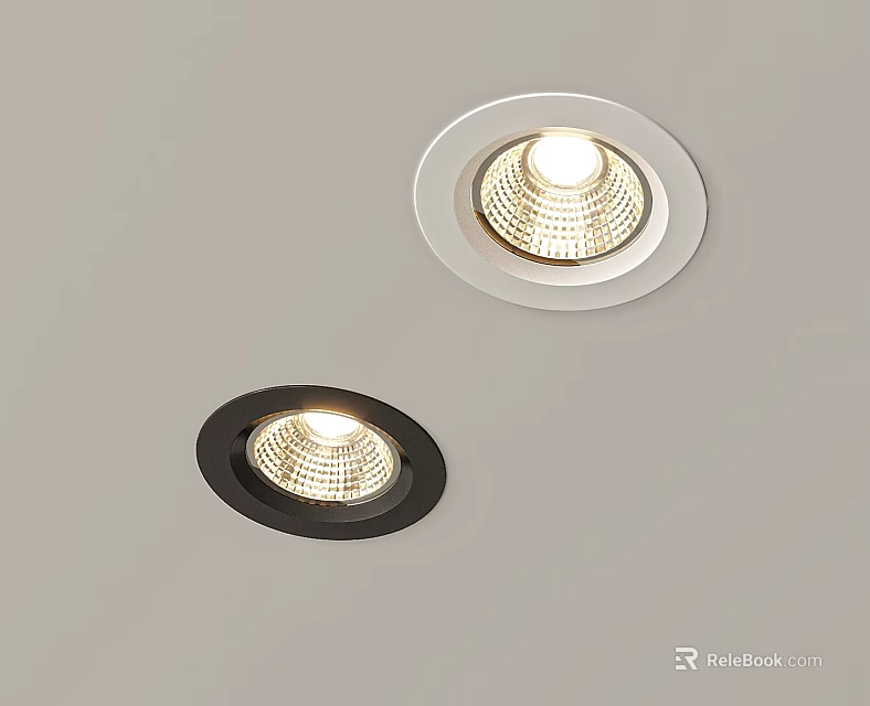 Recessed Downlights Spotlights with White and Black Trim Illuminated on Room Ceiling 3d model 