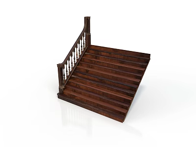 Wooden Staircase With Brown Handrail And White Baluster Decoration On Dark Steps 3d model