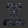 Sci-Fi Turret Weapon 3D Model with Gray Metal Body Orange Accents and Blue Energy Barrel