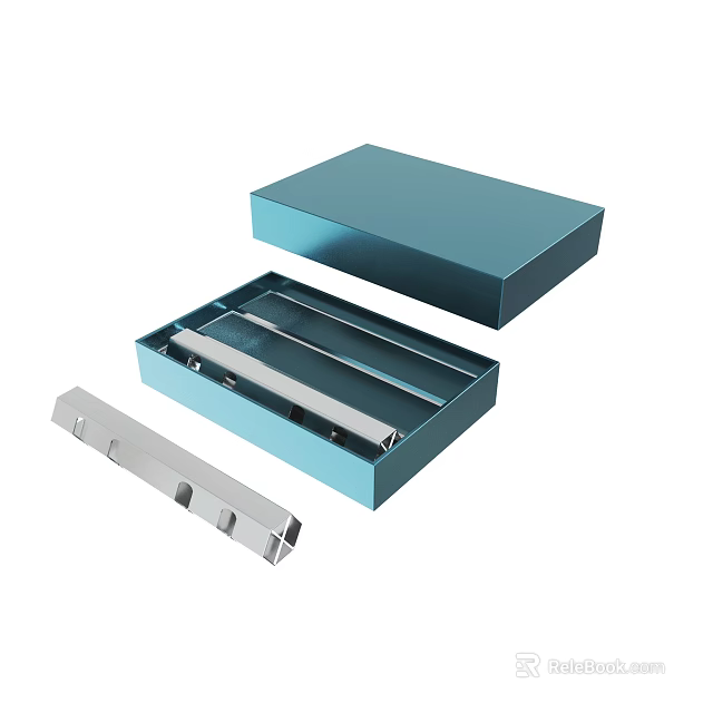Open Blue Metal Organizer Box Interior With Compartments And Silver Tool 3d model
