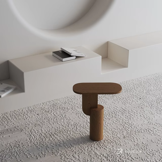 Modern Minimalist Wooden Side Table With Unique Base In Interior Space With White Steps And Books 3d model 