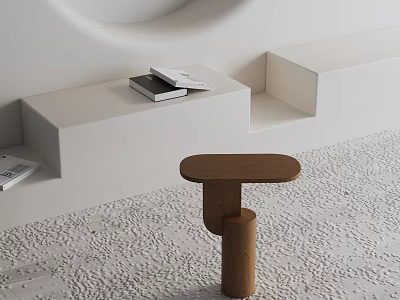 Modern Minimalist Wooden Side Table With Unique Base In Interior Space With White Steps And Books 3d model