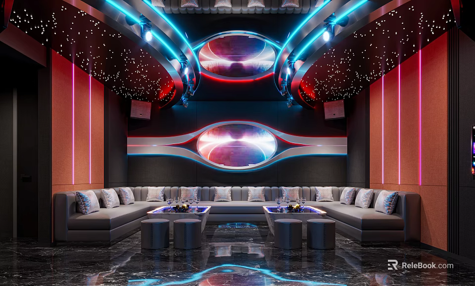 Modern KTV Interior With Neon Lights Curved Sofas Starry Sky Ceiling And Hi tech Design 3d model 