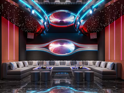 Modern KTV Interior With Neon Lights Curved Sofas Starry Sky Ceiling And Hi tech Design 3d model