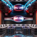 Modern KTV Interior With Neon Lights Curved Sofas Starry Sky Ceiling And Hi tech Design