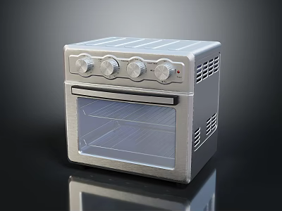 Silver Compact Countertop Oven With Stainless Steel Body Glass Door And Control Knobs Kitchen Appliance 3d model