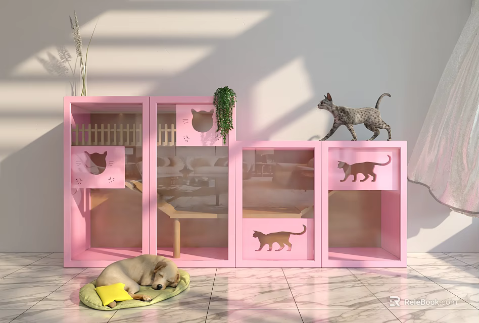 Cozy Pet Household Supplies Pink Cabinets With Cat Silhouettes Dog On Mat Green Plant Indoor 3d model 