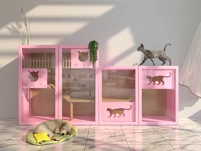 Cozy Pet Household Supplies Pink Cabinets With Cat Silhouettes Dog On Mat Green Plant Indoor 3d model