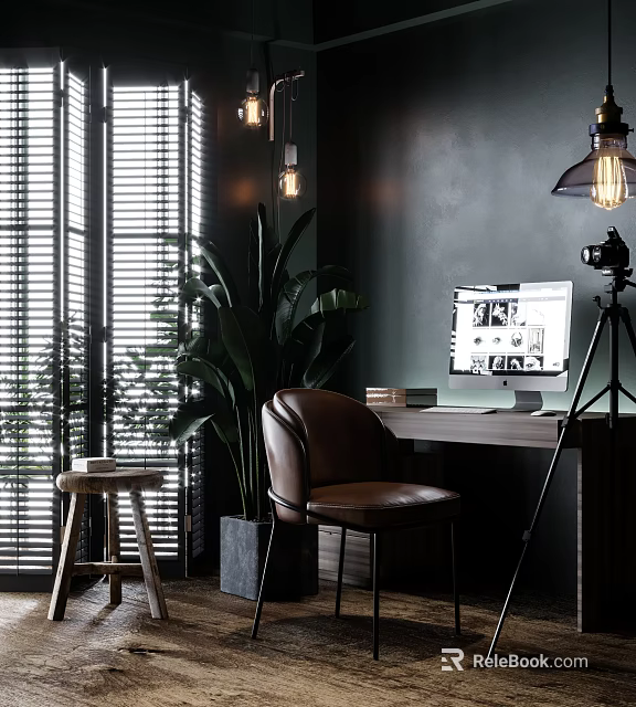 Modern Wooden Desk With Brown Leather Chair Computer Monitor And Green Plant Near Window Blinds 3d model 