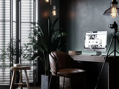 Modern Wooden Desk With Brown Leather Chair Computer Monitor And Green Plant Near Window Blinds 3d model