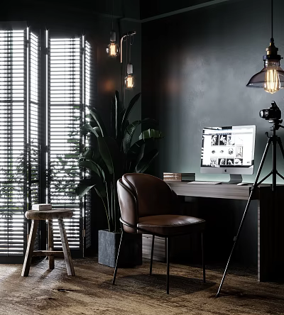 Modern Wooden Desk With Brown Leather Chair Computer Monitor And Green Plant Near Window Blinds 3d model
