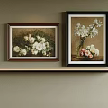 Framed Floral Oil Paintings Hanging on Beige Wall with Shelf