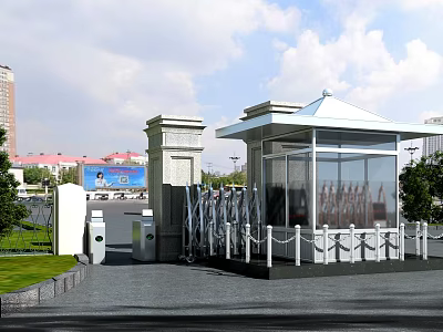 Modern Security Gate With Electric Retractable Design Guard House Lawn And Trees 3d model