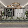 Modern Property Sales Office Interior with Display Podiums Marble Reception Counter Chandelier and Green Plants
