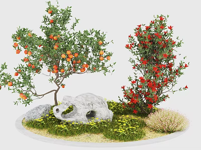 Courtyard Garden With Orange Fruit Tree Red Flowering Tree Stone And Green Grass 3d model